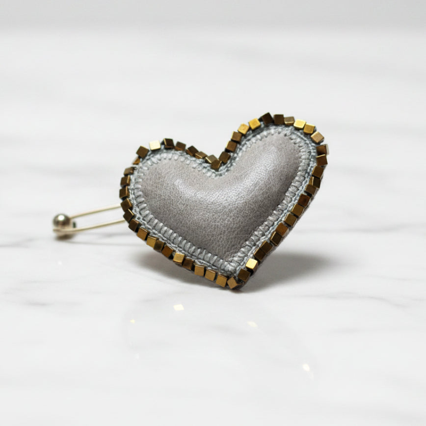 Heart Pin — Hematite Leather & Citrine Quartz  7 variants Handmade by Lorena Medinilla