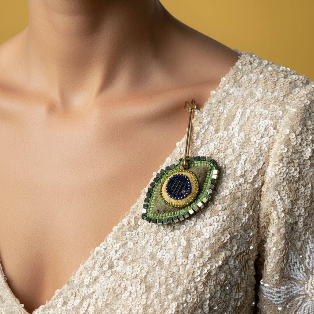 A handmade beaded pendant shaped like an avocado, featuring green and gold beadwork with a dark blue center, displayed on a beige sequined dress form.