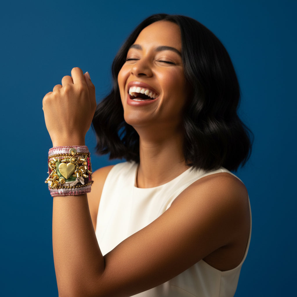 A handmade cuff bracelet featuring a pink and purple beaded border, a green fabric center, a gold heart charm, and numerous gold-toned metal capsule-like beads clustered around the front, photographed on a white surface.