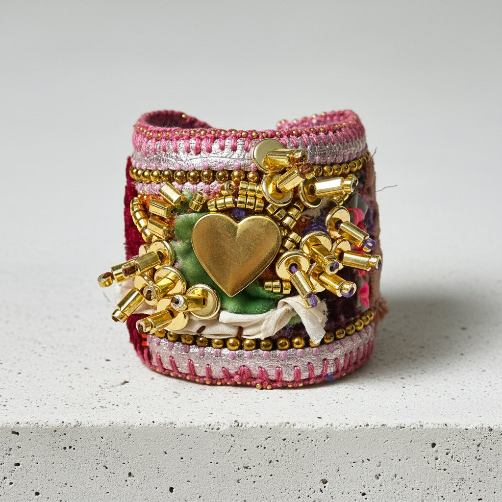 A handmade cuff bracelet featuring a large gold heart charm, gold metal beads, silver and pink sequins, green velvet fabric, and white ribbon on a neutral light gray background.