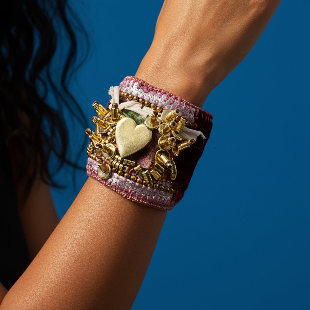 A highly decorative, handmade beaded and metallic cuff bracelet featuring a large gold heart charm, gold-toned metal links, purple and silver beads, and a green fabric center, displayed on a light surface.