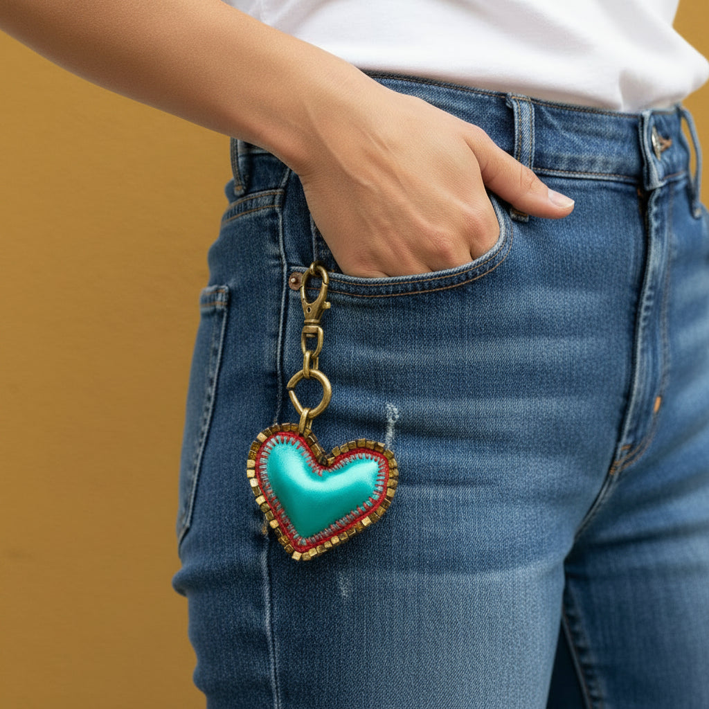 A person wearing mustard yellow corduroy shorts and a gray top, shown from the waist down in a home setting. A heart-shaped pendant necklace with a blue center and gold border hangs from the shorts pocket.