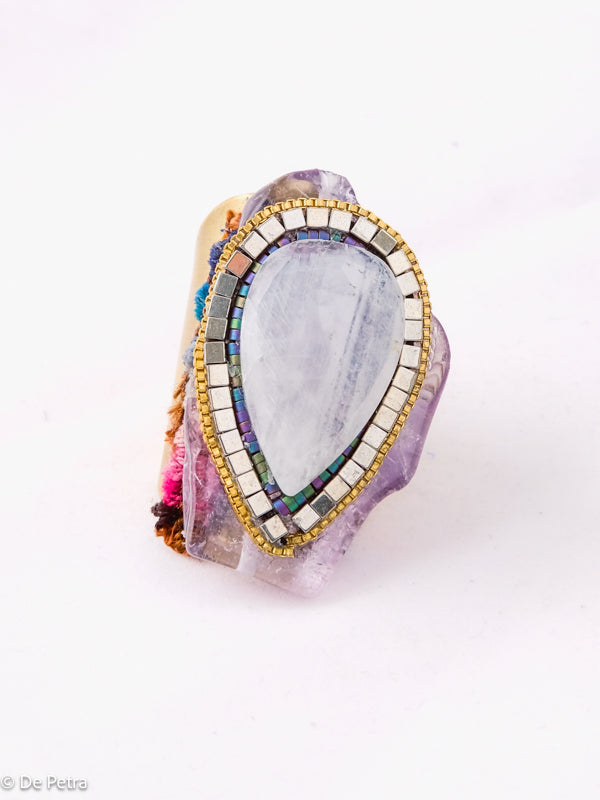 My Celestial Trio: Handcrafted Brass Ring with Moonstone, Hematite, and Amethyst