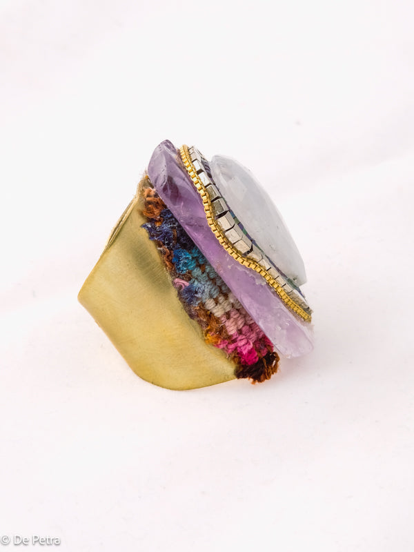 My Celestial Trio: Handcrafted Brass Ring with Moonstone, Hematite, and Amethyst