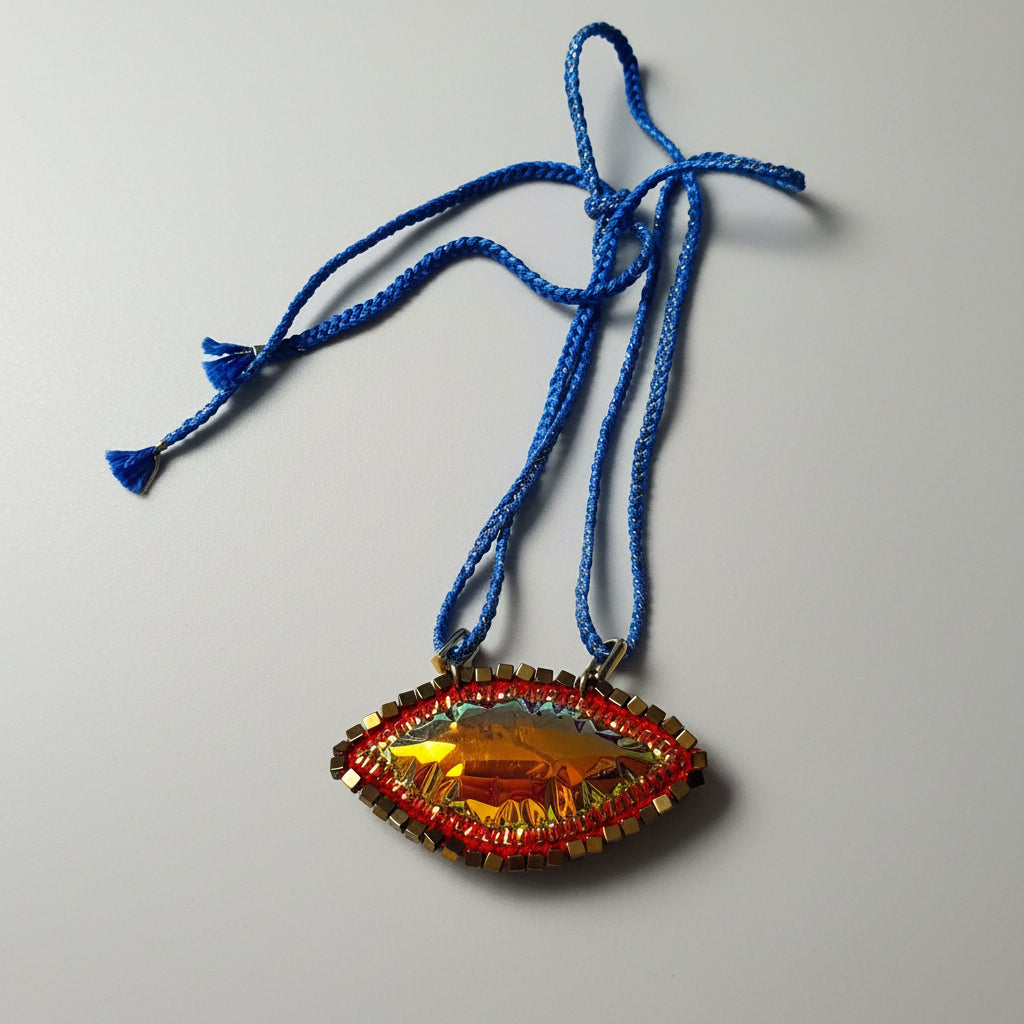 Necklace with a colorful pendant on a textured fabric background
