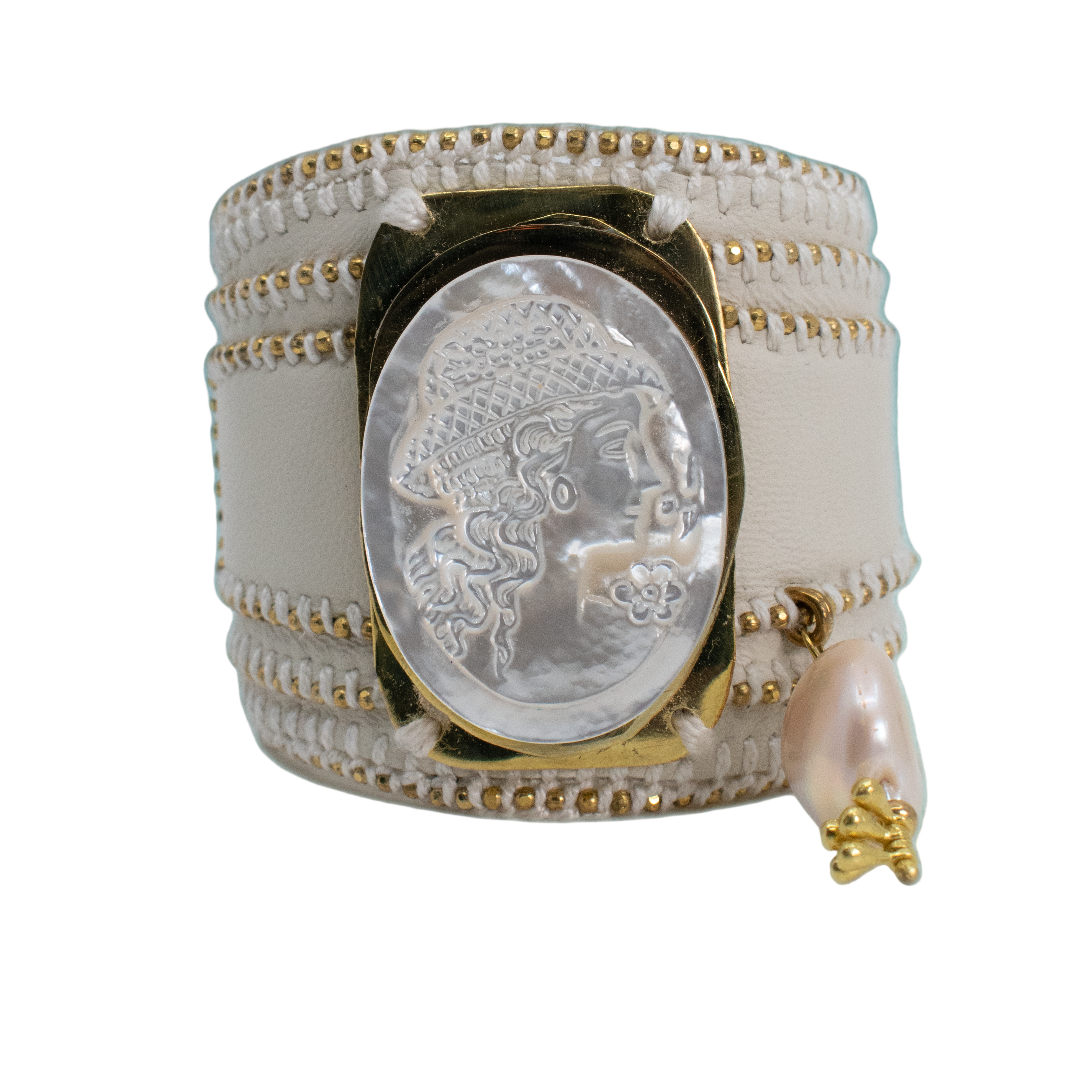 White Leather Bracelet with Cameo