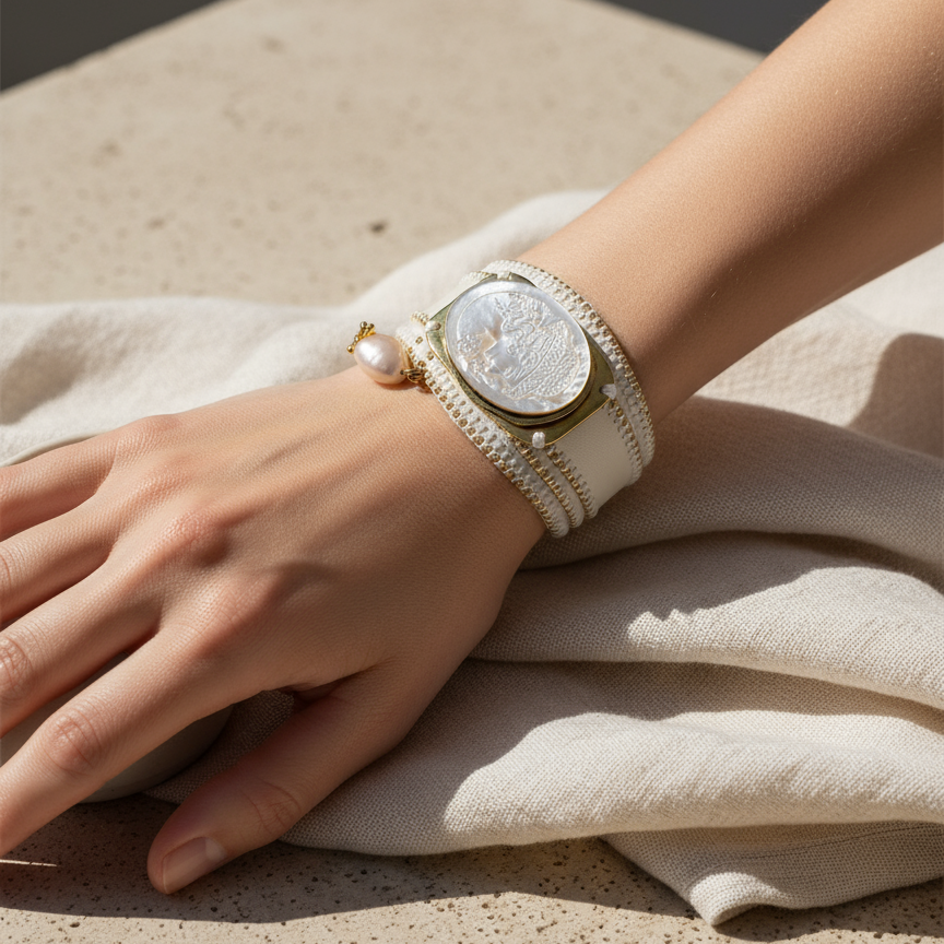 White Leather Bracelet with Cameo