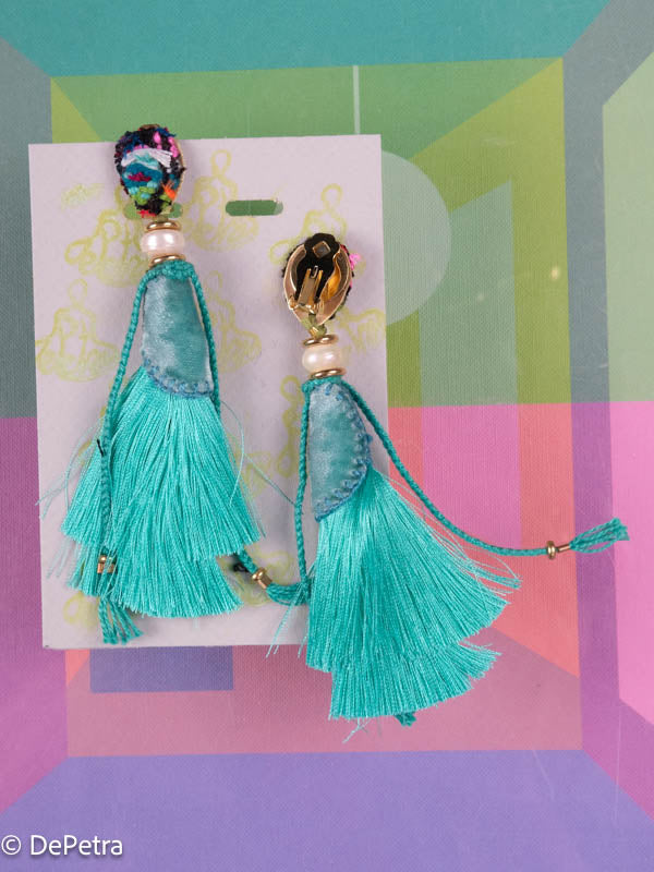 Brass Hanging Ladies Green Tassel Earring